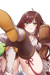 Rule 34 | 1girl, absurdres, boots, breasts, character name, cleavage, cleavage cutout, clothing cutout, cup, fortissimo, hair ornament, highres, holding, holding cup, jan azure, large breasts, long hair, miori celesta, miori celesta (1st costume), mogu (miori celesta), musical note, musical note hair ornament, panties, simple background, sitting, slime (creature), solo, thighhighs, transparent background, treble clef, tsunderia, underwear, virtual youtuber, white background, white footwear, white panties, wooden cup