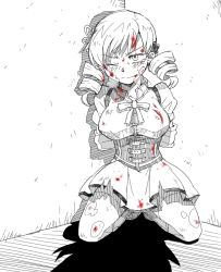 Rule 34 | 10s, 1girl, arms behind back, bad id, bad pixiv id, blood, bound, breasts, corner, drill hair, hair ornament, heavy breathing, hobbang, injury, kneeling, magical girl, mahou shoujo madoka magica, mahou shoujo madoka magica (anime), monochrome, no headwear, one eye closed, ribbon, solo, spot color, thighhighs, tied up (nonsexual), tomoe mami, torn clothes, twin drills, twintails, wink