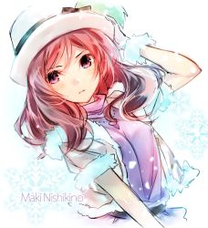 Rule 34 | 10s, 1girl, bad id, bad twitter id, blush, bow, character name, curly hair, gloves, hand on headwear, hand on own head, hat, jewelry, love live!, love live! school idol project, necklace, nishikino maki, parted bangs, parted lips, purple eyes, puuko (iberiko neko), red hair, short hair, snow halation, snowflakes, solo