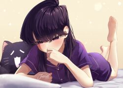 Rule 34 | 1girl, absurdres, artist name, barefoot, bed, bed sheet, black hair, commentary, feet, feet up, hair between eyes, hand to own mouth, highres, indoors, j humbo, komi-san wa komyushou desu, komi shouko, light particles, long hair, lying, on bed, on stomach, pajamas, pillow, purple eyes, purple pajamas, soles, solo, stuffed animal, stuffed cat, stuffed toy, the pose, toes