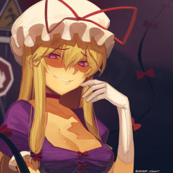 Rule 34 | 1girl, blonde hair, boa (brianoa), bow, breasts, choker, cleavage, commentary, dress, english text, evil smile, furrowed brow, gap (touhou), gloves, glowing, glowing eyes, hair between eyes, hair bow, hand up, hat, hat ribbon, highres, large breasts, long hair, low neckline, mob cap, puffy short sleeves, puffy sleeves, purple dress, purple eyes, red bow, red choker, red ribbon, ribbon, road sign, shaded face, short sleeves, sidelocks, sign, smile, solo, square neckline, touhou, twitter username, upper body, white gloves, white hat, yakumo yukari