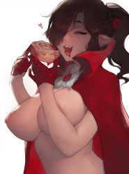 Rule 34 | 1girl, andrea averill, breasts, brown hair, cape, commentary, dungeons &amp; dragons, eating, fang, food, gloves, hair over one eye, halloween, halloween costume, heart, highres, large breasts, nat the lich, nipples, one eye closed, open mouth, original, pastry, pointy ears, ponytail, red gloves, revision, simple background, smile, solo, upper body, white background