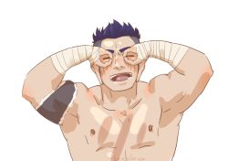 Rule 34 | 1boy, bandaged arm, bandages, bara, drooling, elec bobo, closed eyes, fate/grand order, fate (series), fergus mac roich (fate), long sideburns, male focus, muscular, muscular male, nude, purple hair, scar, scar on chest, short hair, sideburns, smile, solo, undercut, upper body
