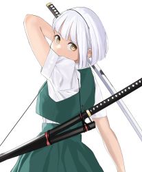 Rule 34 | 1girl, bob cut, bright pupils, from behind, green skirt, green vest, highres, holding, holding sword, holding weapon, katana, konpaku youmu, lewdrawings, looking at viewer, scabbard, sheath, shirt, shirt tucked in, short hair, short sleeves, simple background, skirt, solo, sword, touhou, vest, weapon, white background, white hair, white pupils, white shirt, yellow eyes