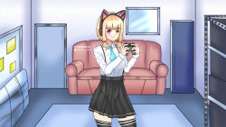 Rule 34 | 1girl, absurdres, aisha venia, animal ears, artist name, blonde hair, blue archive, carpet, commission, controller, couch, eyebrows, eyelashes, fake animal ears, game controller, highres, indoors, knee up, locker, looking at viewer, momoi (blue archive), necktie, pink eyes, room, simple background, skirt, thighhighs, thighs, wall, watermark