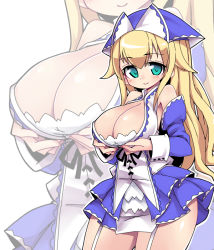 Rule 34 | 1girl, blonde hair, blue eyes, breast lift, breasts, camilla (sennen sensou aigis), cleavage, cowboy shot, garter straps, large breasts, long hair, looking at viewer, nemui (nemui), sennen sensou aigis, smile, solo, white background, wide hips, zoom layer