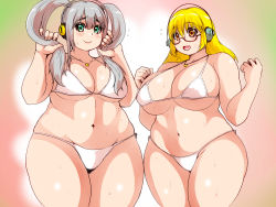 Rule 34 | 2girls, belly, bikini, blonde hair, blue eyes, blush, breasts, cleavage, cosplay, curvy, glasses, headphones, huge breasts, isna (footprintsofisna), large breasts, long hair, multiple girls, navel, nitroplus, open mouth, orange eyes, plump, short hair, silver hair, super pochaco, super pochaco (cosplay), super taruco, super taruco (cosplay), swimsuit, thick eyebrows, thick thighs, thighs, twintails, white bikini, wide hips