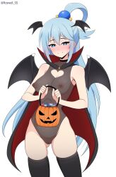 1girl absurdres aqua_(konosuba) artist_name bare_shoulders bat_wings black_cape black_leotard black_thighhighs black_wings blue_eyes blush breasts bucket cameltoe cape clothing_cutout covered_erect_nipples fangs hair_ornament head_wings heart_cutout highres holding holding_bucket kono_subarashii_sekai_ni_shukufuku_wo! leotard medium_breasts pussy red_cape roswell_ss simple_background smile solo thighhighs white_background wings