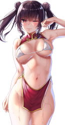 Rule 34 | 1girl, ;), armpits, bare arms, bare shoulders, bikini, blunt bangs, blush, breasts, breasts apart, china dress, chinese clothes, closed mouth, commentary request, covered erect nipples, cowboy shot, double bun, dress, groin, hair bun, hand up, heart, heart-shaped pupils, highres, jack dempa, large breasts, looking at viewer, medium breasts, navel, one eye closed, original, panties, pelvic curtain, purple hair, red dress, red eyes, revealing clothes, sidelocks, skindentation, smile, solo, stomach, swimsuit, symbol-shaped pupils, thighhighs, thighs, twintails, underwear, wet, white background, white bikini