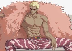 Rule 34 | 1boy, abs, bare pectorals, blonde hair, camouflage, camouflage pants, closed mouth, collarbone, donquixote doflamingo, earrings, fulenimenle, fur trim, highres, jewelry, looking to the side, male focus, muscular, muscular male, one piece, pants, pectorals, purple pants, short hair, simple background, sitting, spread legs, sunglasses, topless male, veins, veiny arms