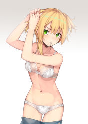 Rule 34 | 1girl, armpit peek, armpits, arms up, bare arms, blonde hair, blue skirt, blush, bow, bow panties, bra, breasts, cleavage, closed mouth, unworn clothes, collarbone, do2mi doreimi, eyes visible through hair, frilled bra, frills, girls&#039; frontline, gluteal fold, green eyes, hair tie, hair tie in mouth, hand in own hair, highres, lingerie, looking at viewer, medium breasts, mouth hold, navel, panties, short hair, sidelocks, simple background, skindentation, skirt, solo, stomach, thighs, twintails, tying hair, underwear, underwear only, welrod mkii (girls&#039; frontline), white background, white bra, white panties