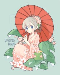 Rule 34 | 1girl, after rain, animal, aqua background, blue eyes, blush, cherry blossom print, cherry blossoms, closed eyes, closed mouth, crown, english text, floral print, flower, frog, from side, grey hair, hair between eyes, hair bun, hair flower, hair ornament, hands up, highres, holding, holding umbrella, invisible chair, japanese clothes, kimono, leaf, light smile, long sleeves, looking at viewer, looking to the side, melanbread, mini crown, no nose, no pupils, oil-paper umbrella, original, outdoors, outside border, petals, pink flower, pink kimono, plant, print kimono, red umbrella, simple background, single hair bun, sitting, solo, spring (season), tareme, u u, umbrella, wet, wide sleeves
