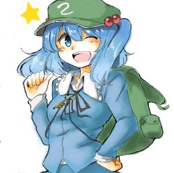 Rule 34 | 10eki (tenchou), 1girl, backpack, bad id, bad pixiv id, bag, blue eyes, blue hair, blue shirt, hair bobbles, hair ornament, hand on own hip, hat, kawashiro nitori, key, looking at viewer, matching hair/eyes, one eye closed, open mouth, pointing, pointing at self, shirt, short hair, short twintails, solo, touhou, twintails, two side up