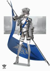 Rule 34 | 1girl, armor, blue flag, blue sash, boots, character request, emblem, falslander, flag, greaves, hat, high heel boots, high heels, highres, holding, holding flag, jacket, leotard, looking at viewer, medal, military jacket, military uniform, neco, peaked cap, sash, solo, thighhighs, uniform, white hair, white thighhighs