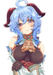Rule 34 | 1girl, ahoge, autumn leaves (tail fox), bare shoulders, bell, blue hair, blush, breasts, detached sleeves, ganyu (genshin impact), genshin impact, highres, horns, lifting own clothes, long hair, looking at viewer, medium breasts, neck bell, purple eyes, sidelocks, solo, sweatdrop, white background, white sleeves