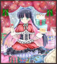 Rule 34 | 10s, 1girl, blue ribbon, blush, border, cake, cake slice, christmas, colored inner hair, cross, cross earrings, curtains, earrings, food, fork, fruit, gift, green eyes, green ribbon, hair ribbon, jewelry, multicolored hair, panty &amp; stocking with garterbelt, plate, puracotte, ribbon, sitting, smile, solo, star (symbol), stocking (psg), strawberry, strawberry shortcake, stuffed animal, stuffed toy, sweets, two-tone hair, unmoving pattern