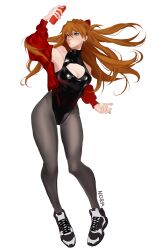 Rule 34 | 1girl, absurdres, artist request, black leotard, blue eyes, breasts, brown hair, cleavage cutout, clothing cutout, curvy, floating hair, full body, hair between eyes, highleg, highleg leotard, highres, holding, holding phone, jacket, leotard, lips, long hair, looking to the side, medium breasts, neon genesis evangelion, pantyhose, phone, plugsuit, red jacket, selfie, shiny clothes, shoes, skin tight, sneakers, solo, souryuu asuka langley, standing, very long hair, white background, wide hips