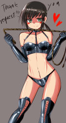Rule 34 | 1girl, absurdres, bare shoulders, bdsm, bibijinn, black gloves, black legwear, blush, bondage outfit, boots, breasts, brown hair, cleavage, elbow gloves, english text, femdom, fubuki (kancolle), gloves, green eyes, heart, highres, kantai collection, latex, ponytail, sadism, shaded face, short hair, small breasts, smile, whip
