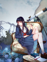 Rule 34 | 1girl, bad id, bad pixiv id, binoculars, black hair, blue eyes, blue skirt, brown footwear, chair, copyright request, flower, footrest, highres, holding, holding pen, long hair, long sleeves, looking at viewer, outdoors, parted lips, pen, rong nage rong, school uniform, sitting, skirt, solo, telescope, uniform