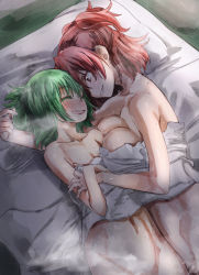 Rule 34 | 2girls, afterglow, aftersex, bed, bed sheet, blanket, blush, breasts, closed eyes, collarbone, couple, cuddling, facing another, flat chest, futon, green hair, grin, happy, heavy breathing, hug, indoors, large breasts, laughing, long hair, looking at another, lying, matching hair/eyes, medium hair, multiple girls, naked sheet, navel, night, off shoulder, on back, on bed, on side, onozuka komachi, open mouth, parted lips, pillow, playing with another&#039;s hair, playing with hair, red eyes, red hair, shiki eiki, short hair, smile, sweat, tank top, teeth, tongue, touhou, two side up, yohane, yuri