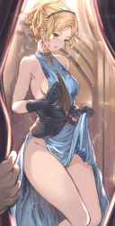 Rule 34 | 1girl, aldehyde, bare shoulders, black gloves, blonde hair, blue dress, blush, breasts, brown eyes, curtains, djeeta (granblue fantasy), dress, earrings, gloves, grabbing own breast, granblue fantasy, hairband, halter dress, halterneck, highres, jewelry, large breasts, no bra, no panties, open mouth, paid reward available, short hair, short ponytail, simple background, smart elegance (granblue fantasy), solo focus, sweat, thighs