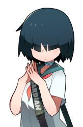 1girl bag black_hair choker female_focus hair_over_eyes kometsubu original own_hands_together red_neckwear sailor_collar short_hair shoulder_bag simple_background solo upper_body white_background