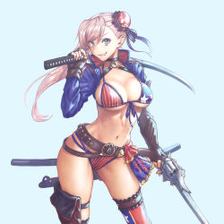 Rule 34 | 1girl, american flag bikini, belt, bikini, blue background, blue eyes, breasts, brown gloves, choker, cleavage, dual wielding, fate/grand order, fate (series), fingerless gloves, flag print, front-tie bikini top, front-tie top, gloves, grin, gun, gunblade, hair bun, highres, holding, holding gun, holding sword, holding weapon, jacket, large breasts, light purple hair, long hair, looking at viewer, mao san, miyamoto musashi (fate), miyamoto musashi (fate/grand order), miyamoto musashi (swimsuit berserker) (fate), miyamoto musashi (swimsuit berserker) (second ascension) (fate), multi-strapped bikini, navel, sheath, simple background, single hair bun, smile, solo, swimsuit, sword, thighhighs, weapon