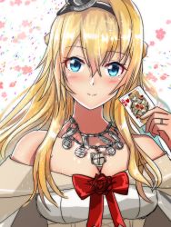 Rule 34 | 1girl, black hairband, blonde hair, blue eyes, braid, breasts, card, cleavage, crown, dress, flower, french braid, hairband, highres, holding, holding card, jewelry, kantai collection, long hair, long sleeves, looking at viewer, medium breasts, mini crown, off-shoulder dress, off shoulder, one-hour drawing challenge, playing card, queen (playing card), queen of hearts (playing card), red flower, red ribbon, red rose, ribbon, ring, roko roko (doradorazz), rose, solo, upper body, warspite (kancolle), wedding band, white dress