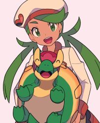 Rule 34 | 1girl, :d, ^ ^, appletun, closed eyes, commentary request, creatures (company), game freak, gen 8 pokemon, green eyes, green hair, hat, highres, holding, holding pokemon, long hair, long sleeves, looking at viewer, mallow (palentine&#039;s 2023) (pokemon), mallow (pokemon), nintendo, official alternate costume, open mouth, pokemon, pokemon (creature), pokemon masters ex, shirt, smile, swept bangs, teeth, tongue, twintails, tyako 089, upper teeth only