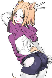 Rule 34 | 1girl, ass, back cutout, blonde hair, blue shorts, blush, clothing cutout, commentary request, cowboy shot, ear covers, ear ornament, from behind, gradient eyes, greyscale, highres, hip vent, hood, hoodie, medium hair, monochrome, multicolored eyes, narita top road (umamusume), open mouth, purple sweater, short sleeves, shorts, simple background, single ear cover, smile, solo, sweat, sweater, umamusume, v, white background, yaki apple