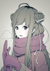 Rule 34 | 1girl, absurdres, adjusting mittens, ahoge, akinosub, blunt bangs, blush, breath, coat, commentary, commentary request, double bun, earrings, enpera, grey background, grey hair, hair bun, highres, huma wat, jewelry, long hair, looking at viewer, medium bangs, mittens, muted color, nanashi inc., no nose, open mouth, pearl earrings, purple coat, purple eyes, purple lips, purple mittens, purple scarf, scarf, sidelocks, simple background, smile, solo, upper body, v ap art