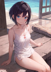 Rule 34 | 1girl, beach, black hair, blue eyes, blush, breasts, camisole, cleavage, closed mouth, double-parted bangs, hair between eyes, highres, looking at viewer, nail polish, ocean, original, short hair, small breasts, smile, solo, spaghetti strap, summer, swept bangs, thighs, white camisole, yuna rebun