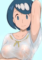 Rule 34 | 1girl, arm up, armpit peek, armpits, blue eyes, blue hair, breast hold, breasts, creatures (company), freckles, game freak, green background, highres, lana&#039;s mother (pokemon), looking at viewer, mature female, medium breasts, meronshiroppu, nintendo, nipples, no bra, pokemon, pokemon (anime), pokemon sm, pokemon sm (anime), see-through, shirt, smile, solo, upper body, wet, wet clothes, wet shirt