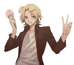 Rule 34 | 1boy, animal ears, brown eyes, brown jacket, chinese commentary, commentary request, dog boy, dog ears, holding, holding ice cream cone, ice cream cone, jacket, keko (keko540925), kemonomimi mode, light brown hair, long hair, long sleeves, male focus, open clothes, open jacket, parted bangs, saibou shinkyoku, shinano eiji, shirt, short hair, simple background, sketch, smile, solo, tongue, tongue out, upper body, v, very long hair, white background, white shirt