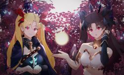 Rule 34 | 2girls, bare shoulders, black hair, blonde hair, breasts, crown, ereshkigal (fate), fate/grand order, fate (series), forest, hair ribbon, highres, ishtar (fate), jewelry, leaf, long hair, looking at viewer, maple leaf, multiple girls, nature, necklace, oni22, open mouth, red eyes, ribbon, smile, twintails, upper body
