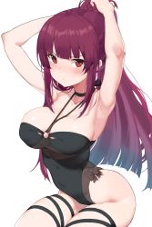 Rule 34 | 1girl, absurdres, adjusting hair, armpits, arms up, black one-piece swimsuit, blush, breasts, chou shippai-saku, cleavage, covered navel, girls&#039; frontline, hair ornament, highres, large breasts, long hair, looking at viewer, official alternate costume, one-piece swimsuit, ponytail, purple hair, red eyes, simple background, solo, swimsuit, wa2000 (girls&#039; frontline), wa2000 (op. manta ray) (girls&#039; frontline), white background