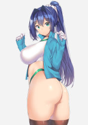 Rule 34 | 1girl, blue hair, breasts, crop top, elbow gloves, gloves, green eyes, green gym girl (nagase haruhito), highleg, highleg panties, impossible clothes, impossible shirt, large breasts, looking at viewer, nagase haruhito, original, panties, ponytail, shirt, solo, thong, underwear