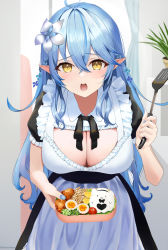 Rule 34 | 1girl, absurdres, ahoge, alternate costume, bento, blue hair, blue nails, breasts, cleavage, cleavage cutout, clothing cutout, crossed bangs, enmaided, flower, food, frills, hair between eyes, hair flower, hair ornament, half updo, heart, heart ahoge, highres, hololive, large breasts, leaning forward, looking at viewer, maid, nail polish, open mouth, pointy ears, spatula, towrituka, virtual youtuber, yellow eyes, yukihana lamy