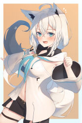 Rule 34 | 1girl, :d, ahoge, animal ears, aqua eyes, black shorts, blue neckerchief, blush, braid, breasts, clenched hand, commentary request, cowboy shot, earrings, fang, fox ears, fox girl, fox tail, front slit, hair between eyes, hand up, highres, hololive, hood, hooded vest, hoodie, jewelry, long hair, long sleeves, looking at viewer, lower teeth only, medium breasts, midriff peek, navel, neckerchief, open mouth, outstretched arm, pentagram, shirai yu, shirakami fubuki, shirakami fubuki (1st costume), short shorts, shorts, side braid, sidelocks, single earring, skin fang, smile, solo, strapless, tail, teeth, thigh strap, thighs, vest, virtual youtuber, white hair, white sleeves, wide sleeves