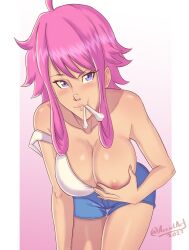 Rule 34 | 1girl, absurdres, accidart, body freckles, bone, breast hold, breasts, breasts out, cleavage, eating, female focus, freckles, freckles on breasts, freckles on shoulder, ginny (one piece), highres, large breasts, one piece, pink hair, purple eyes, self-upload, shirt, shorts, simple background, solo, twitter username, white shirt