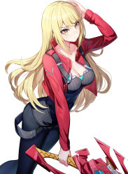 Rule 34 | 1girl, arm up, black pants, black shirt, blonde hair, blush, breasts, cleavage, closed mouth, commentary request, cosplay, cropped jacket, hair between eyes, highres, holding, holding sword, holding weapon, jacket, large breasts, long hair, looking at viewer, mythra (xenoblade), noah (xenoblade), noah (xenoblade) (cosplay), open clothes, open jacket, pants, red eyes, red jacket, ririko (zhuoyandesailaer), shirt, simple background, solo, sword, v-shaped eyebrows, very long hair, weapon, white background, xenoblade chronicles (series), xenoblade chronicles 2, xenoblade chronicles 3, yellow eyes