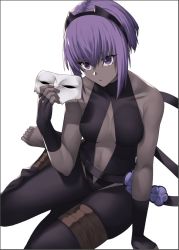 Rule 34 | 1girl, bad id, bad twitter id, bare shoulders, barefoot, belt, black gloves, black hairband, black leotard, breasts, center opening, collarbone, dark-skinned female, dark skin, fate/prototype, fate/prototype: fragments of blue and silver, fate (series), fingerless gloves, flower, gloves, hair between eyes, hairband, hassan of serenity (fate), ibuki notsu, leggings, leotard, looking at viewer, mask, medium breasts, navel, open mouth, purple hair, short hair, simple background, skull mask, solo, thighs, white background