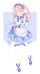 Rule 34 | 1girl, alternate costume, apron, bad id, bad twitter id, blue dress, blue footwear, blue hair, blue neckwear, blush, bow, dress, enmaided, flower, frilled dress, frills, full body, gradient hair, hair ornament, harusame (kancolle), heart, highres, holding, kantai collection, ketchup, ketchup bottle, long hair, maid, maid headdress, multicolored hair, open mouth, pink eyes, pink hair, ribbon, shiosoda, short sleeves, side ponytail, solo, standing, thighhighs, two-tone background, waitress, white thighhighs, zettai ryouiki