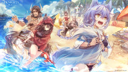 Rule 34 | + +, 2girls, 3boys, absurdres, ahoge, animal ears, arknights, beach, bikini, black bikini, black one-piece swimsuit, blue sky, braid, casual one-piece swimsuit, company name, copyright name, courier (arknights), crab, csyday, day, grey hair, highres, hood, hood up, hooded jacket, jacket, long hair, matterhorn (arknights), matterhorn (beach guard) (arknights), multiple boys, multiple girls, necklace, official art, official wallpaper, one-piece swimsuit, open clothes, open jacket, outdoors, palm tree, projekt red (arknights), projekt red (light breeze) (arknights), provence (arknights), provence (casual vacation) (arknights), purple hair, red jacket, silverash (arknights), silverash (seeker) (arknights), sitting, sky, sleeves rolled up, spill, swimsuit, tail, tooth necklace, tree, water, wolf ears, wolf girl, wolf tail
