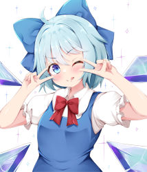 Rule 34 | 1girl, ;q, blue bow, blue dress, blue hair, bow, cirno, dress, hair bow, ice, ice wings, looking at viewer, one eye closed, rururiaru, short hair, solo, tongue, tongue out, touhou, white background, wings