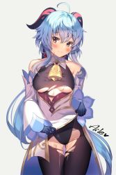 Rule 34 | 1girl, ahoge, aile (crossroads), artist name, bare shoulders, bell, black legwear, black leotard, blue gloves, blue hair, blush, bodystocking, bodysuit, bow, breasts, clothes lift, commentary, detached sleeves, ganyu (genshin impact), genshin impact, gloves, gluteal fold, gold trim, groin, highres, horns, leotard, leotard under clothes, lifted by self, long hair, looking at viewer, medium breasts, neck bell, pelvic curtain, pelvic curtain lift, purple eyes, sidelocks, solo, standing, sweat, symbol-only commentary, thigh gap, thighlet, thighs, torn clothes, torn legwear, very long hair, waist cape, white background, white sleeves, wide sleeves