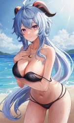 Rule 34 | 1girl, ahoge, bare arms, bare shoulders, beach, bikini, black bikini, blue hair, breast hold, breast suppress, breasts, cleavage, cowboy shot, day, ganyu (genshin impact), genshin impact, glint, gluteal fold, goat horns, hand on own chest, highres, horns, jewelry, kottungyang, large breasts, long hair, looking at viewer, multi-strapped bikini, navel, necklace, ocean, open mouth, outdoors, purple eyes, skindentation, solo, spaghetti strap, standing, stomach, strap slip, string bikini, sunlight, swimsuit, thighs, very long hair, water, wet