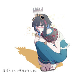 Rule 34 | black eyes, black hair, blue dress, commentary request, dress, facial tattoo, fate/grand order, fate (series), floral background, frilled dress, frills, hair ornament, lv1na ura, multicolored hair, sandals, short hair, sidelocks, sleeveless, squatting, tassel, tassel hair ornament, tattoo, tenochtitlan (fate), translation request, two-tone hair, white background, wristband
