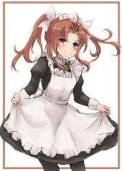 Rule 34 | 1girl, ahoge, alternate costume, apron, black dress, black pantyhose, border, brown hair, clothes lift, commentary request, dress, dress lift, enmaided, frilled apron, frills, hair ribbon, k jie, kagerou (kancolle), kagerou kai ni (kancolle), kantai collection, long hair, looking at viewer, maid, necktie, one-hour drawing challenge, pantyhose, purple eyes, red border, red necktie, ribbon, simple background, solo, standing, twintails, white apron, white background, white ribbon