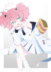 Rule 34 | 1girl, ahoge, bag of chips, bandaid, bandaid on knee, bandaid on leg, blue archive, blue necktie, feet out of frame, food, green eyes, hair ornament, halo, highres, holding, holding food, horns, jacket, looking at viewer, momoka (blue archive), necktie, off shoulder, open mouth, pink hair, pointy ears, shirt, short necktie, simple background, skirt, sleeveless, sleeveless shirt, solo, todatanoto, twintails, white jacket, white legwear, white shirt, white skirt